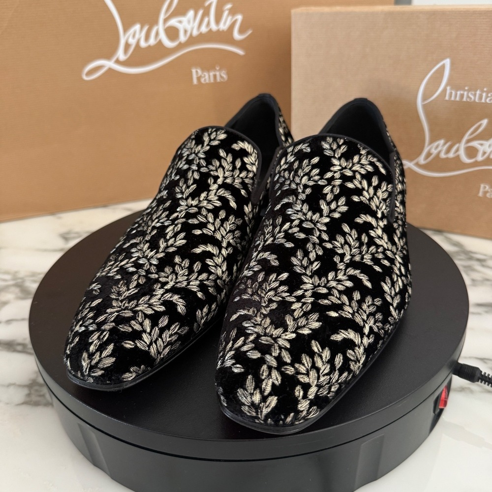 Christian Louboutin 1240896 Dandy Chick Orlato Shoe, Embroidered Black Velvet 42